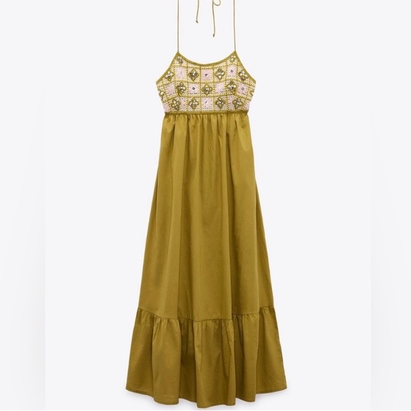 ZARA Mixed Beaded Crochet Lace Dress Halter Backless Khaki Midi-Maxi Dress - Picture 3 of 10
